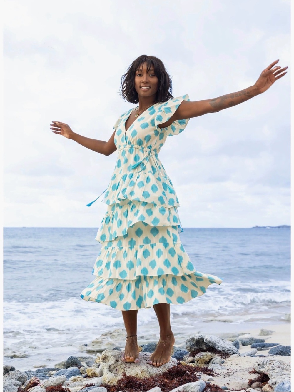 Mer St Barth Tiered Maxi Dress in Aqua Ikat Print